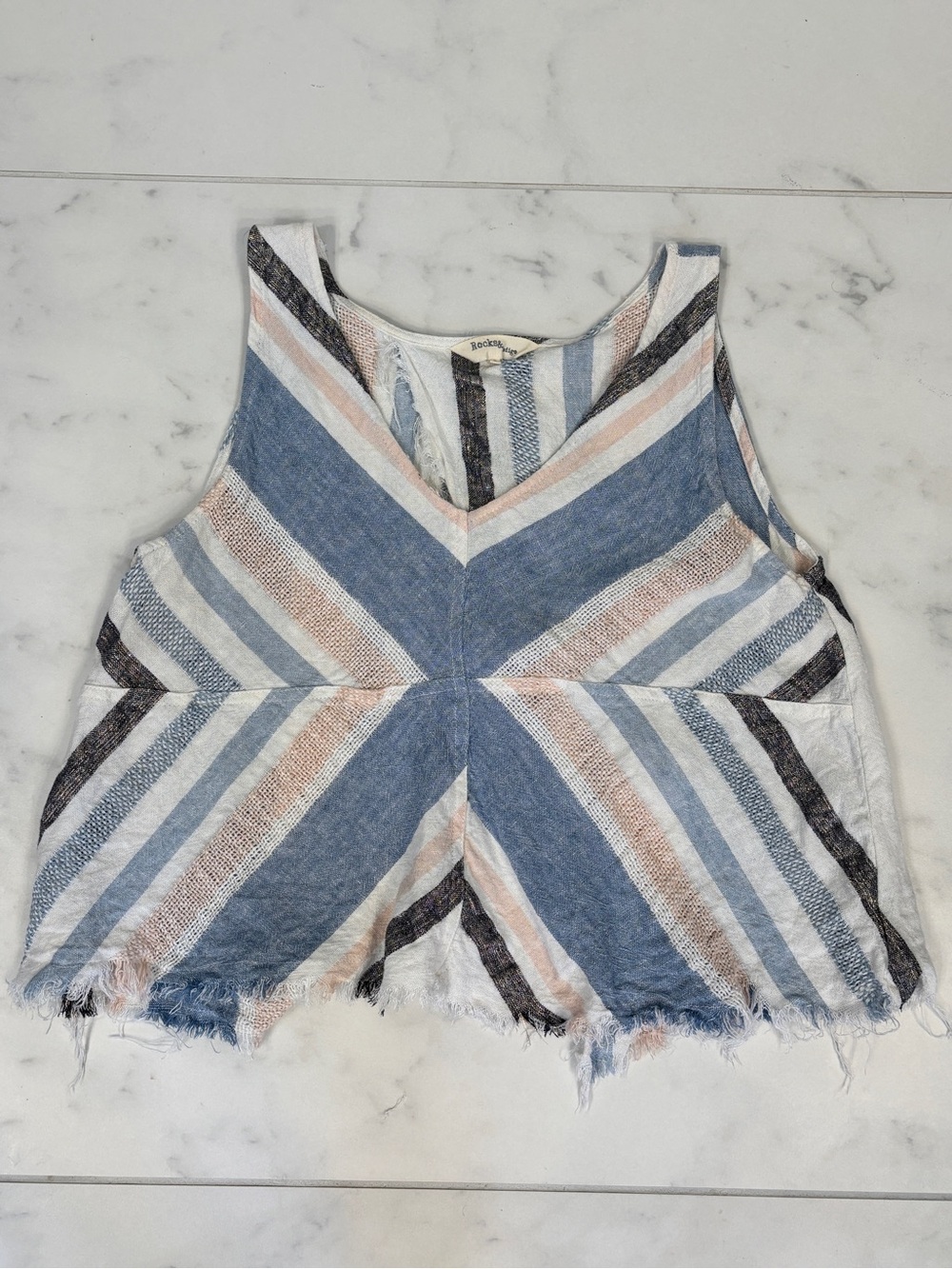 Rocks & Indigo Open Split-Back Striped Tank Top Blue White Pale Pink V-Neck Boho